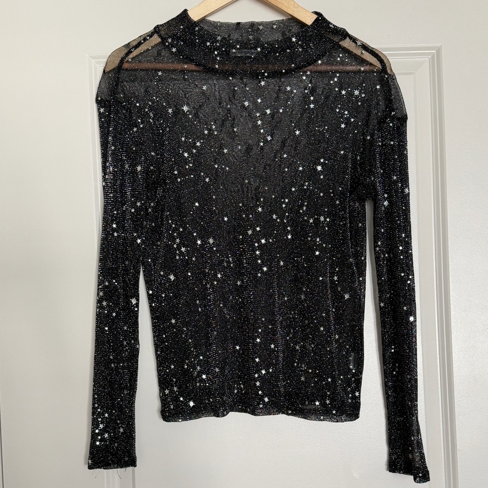 Mangopop Sparkly Sheer Top with Silver Stars Size M